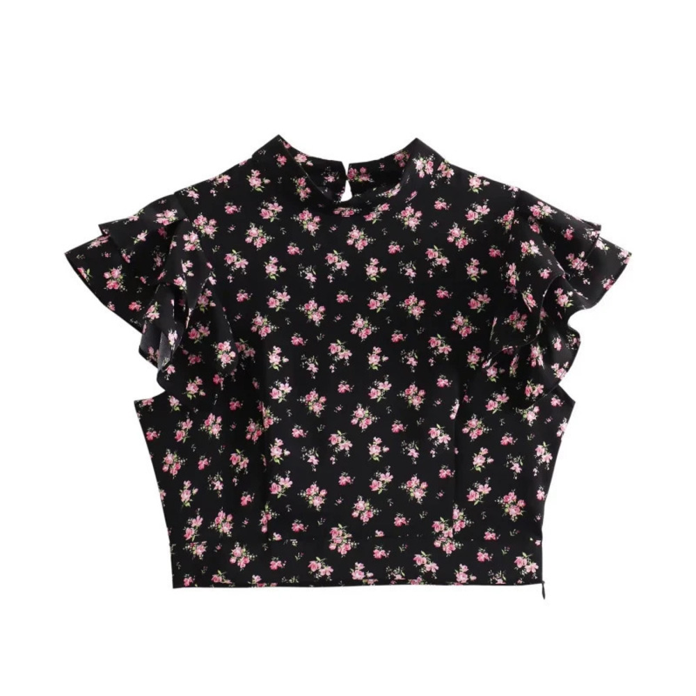 Elegant Small Floral Ruffle Trim Two Piece Set